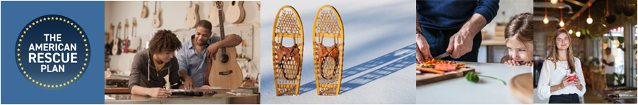 Pictures of men with guitars, snowshoes, cutting carrots and women holding coffee mug