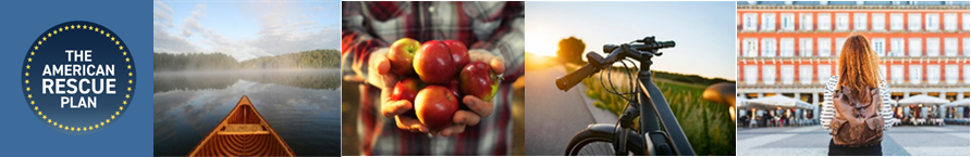 Series of photographs a canoe on water, apples in hand, bicycle with sun behind and girl at market with backpack